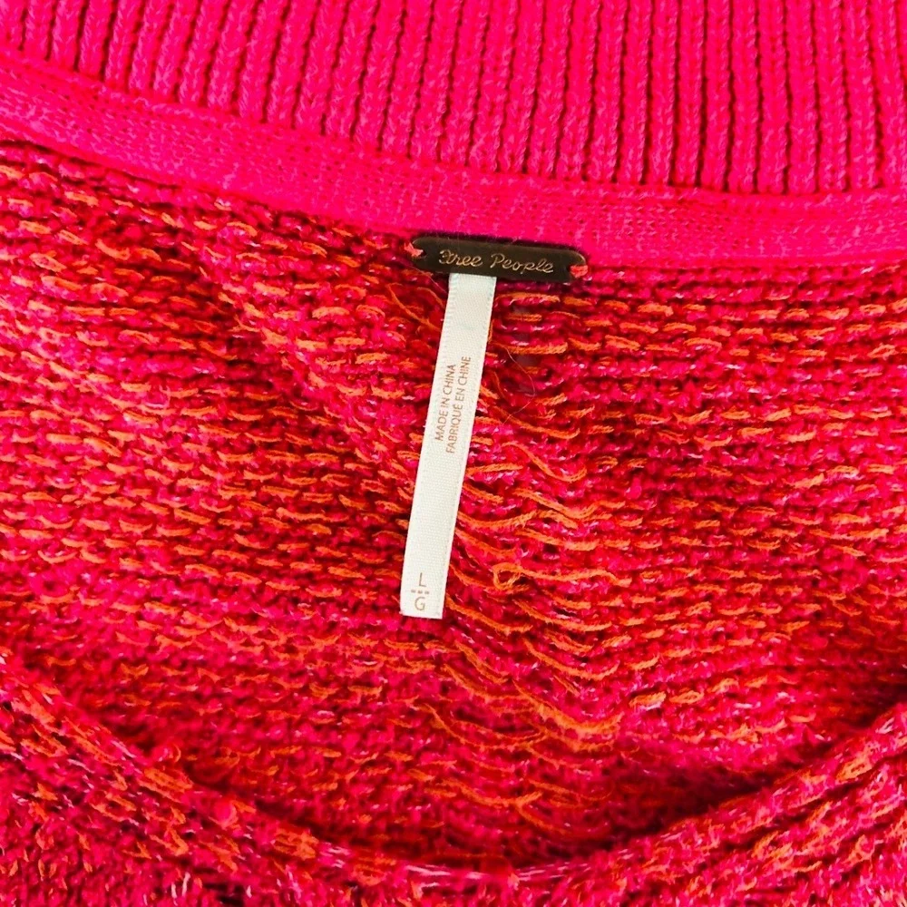 Free People Red V-Neck Balloon Sleeve Pointelle Pullover Sweater Large